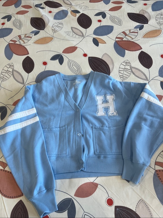 Hollister Tops - Hollister Light Blue Varsity 'H' Cardigan with White Stripes